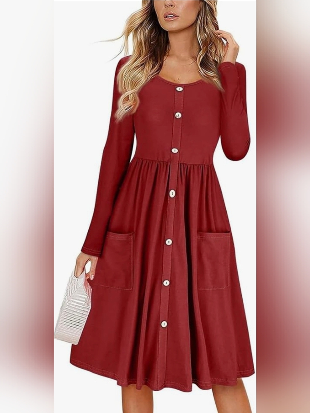 Button-Front Midi Dress in Deep Red with Pockets